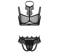 inhzoy Herren Sissy Dessous Set Durchsichtig Lace BH Bra Boxer Slip Jockstrap Set Männer Sissy Unterwäsche Lingerie Schwarz XX-Large