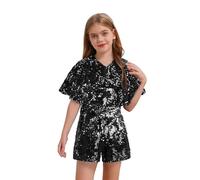 inhzoy Kinder Mädchen Jumpsuit Kurz Glitzer Pailletten Overall Kurzarm Festlich Sommer Hosenanzug Gr. 110-170 Schwarz 158-164