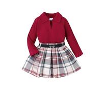 inhzoy Kleinkind Baby Outfits Mädchen 2 Teiler Rock Und Oberteil Set Rippenstrick Langarmshirt Plaid Faltenrock Mit Taillengürtel Burgundy 98-104