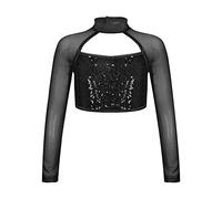 inhzoy Mädchen Crop Top Bauchfrei Langarmshirt Glitzer Mesh Pailletten Langarm Sport T-Shirt Oberteile für Ballett Tanz Gymnastik Schwarz 146-152/11-12 Jahre