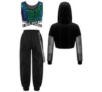 inhzoy Mädchen Hip Hop Outfit Streetdance Kleidung Glitzer Pailletten Tank Top Hoodie Und Cargohose 3er Set Kinder Traininganzüge Sport Tanzkleidung Grün 122-128