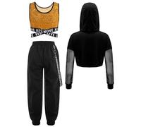 inhzoy Mädchen Hip Hop Outfit Streetdance Kleidung Glitzer Pailletten Tank Top Hoodie Und Cargohose 3er Set Kinder Traininganzüge Sport Tanzkleidung Gold 158-164