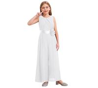 inhzoy Mädchen Jumpsuit Festlich Overall ärmellos Mit Gürtel Plissee Hosenanzug Weites Bein Für Party Hochzeit Kommunion Elfenbein 146-152