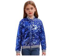inhzoy Unisex Kinder Glänzende Pailletten Jacke Langarm Glitzer Bomberjacke Mit Reißverschluss Sport Freizeitjacke Streetdance Hip Hop Jacke Königsblau_A 110-116