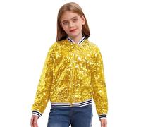 inhzoy Unisex Kinder Glänzende Pailletten Jacke Langarm Glitzer Bomberjacke Mit Reißverschluss Sport Freizeitjacke Streetdance Hip Hop Jacke Gold_A 134-140