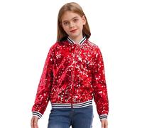inhzoy Unisex Kinder Glänzende Pailletten Jacke Langarm Glitzer Bomberjacke Mit Reißverschluss Sport Freizeitjacke Streetdance Hip Hop Jacke Rot_A 122-128