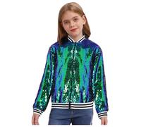 inhzoy Unisex Kinder Glänzende Pailletten Jacke Langarm Glitzer Bomberjacke Mit Reißverschluss Sport Freizeitjacke Streetdance Hip Hop Jacke Grün_A 122-128