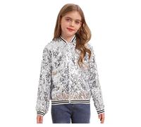 inhzoy Unisex Kinder Glänzende Pailletten Jacke Langarm Glitzer Bomberjacke Mit Reißverschluss Sport Freizeitjacke Streetdance Hip Hop Jacke Silber_A 110-116