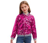 inhzoy Unisex Kinder Glänzende Pailletten Jacke Langarm Glitzer Bomberjacke Mit Reißverschluss Sport Freizeitjacke Streetdance Hip Hop Jacke Hotpink_A 158-164