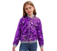 inhzoy Unisex Kinder Glänzende Pailletten Jacke Langarm Glitzer Bomberjacke Mit Reißverschluss Sport Freizeitjacke Streetdance Hip Hop Jacke Violett_A 110-116