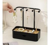 inkihuit Kettenständer Schmuckständer mit Schubladen, Schmuckhalter mit Holz Aufbewahrungsbasis, Kompakt Schmuck Organizers mit 5 Haken, für Ketten & Armbänder,Ringe & Ohrringe, Elegantes Schwarz