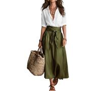 INLANDSIS 2-teiliges Rock-Set für Damen im Sommer-Boho-Stil: Bluse mit V-Ausschnitt und fließender Satin-Midirock mit Gürtel für Büro und Freizeit (White/Green,L)