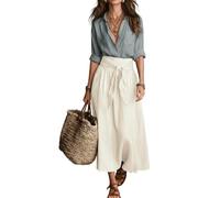 INLANDSIS 2-teiliges Rock-Set für Damen im Sommer-Boho-Stil: Bluse mit V-Ausschnitt und fließender Satin-Midirock mit Gürtel für Büro und Freizeit (Gray/White,L)