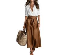 INLANDSIS 2-teiliges Rock-Set für Damen im Sommer-Boho-Stil: Bluse mit V-Ausschnitt und fließender Satin-Midirock mit Gürtel für Büro und Freizeit (White/Brown,3XL)