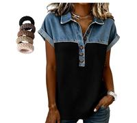 INLANDSIS Damen Denim Patchwork Revers Kurzarm Knopfleiste V-Ausschnitt Reverskragen Casual Kurzarm Patchwork Blusen 2026, Schwarz , M/3XL
