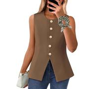 INLANDSIS Efficieint Damen Formelle Knopfleiste Rundhals Ärmellose Anzugweste Button-Down Businessjacke Blazer Weste für Frauen (Kaffee,XXL)