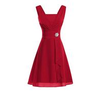 INLLADDY Jugendweihe Kleider Kleid für Hochzeitsgäste in Übergröße Ärmelloses Sommerkleid aus Chiffon mit eckigem Ausschnitt und gerüschtem, semi-formalem Party-Midikleid Rot A L EU 40