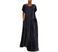 INLLADDY Jumpsuit Damen Elegant Plus Size Grünes Kleid Damen Sommer Swiss Dot Casual Wrap Rundhalsausschnitt Kurzarm Langes Maxikleid mit Taschen Dunkelblau A 4XL EU 48