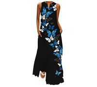 INLLADDY Kleider Damen Festlich Wickelkleid in Übergröße für Damen, modisch, geteilter Hals, Sommer, Schmetterling, lässig, ärmellos, langes Cocktailkleid Blau A 4XL EU 46