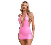 inlzdz Damen Lackleder Minikleid Bodycon Kleider V-Ausschnitt Bleistiftkleid Partykleid Kunstleder Etuikleid Rückenfrei Lederkleid Clubwear Nachtwäsche Rosa 4XL