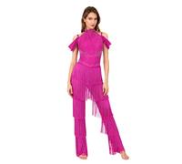 inlzdz Damen Latein Tanz Overall Einteiler Jumpsuit Off Shoulder Tanzanzug mit Glitzer Fransen Swing Samba Cha Cha Ballroom Wettbewerb Outfit Hot Pink M