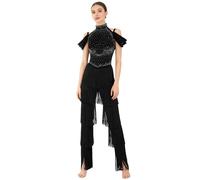 inlzdz Damen Latein Tanz Overall Einteiler Jumpsuit Off Shoulder Tanzanzug mit Glitzer Fransen Swing Samba Cha Cha Ballroom Wettbewerb Outfit Schwarz L