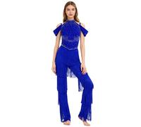 inlzdz Damen Latein Tanz Overall Einteiler Jumpsuit Strampler Off Shoulder Tanzanzug mit Glitzer Fransen Swing Samba Cha Cha Ballroom Wettbewerb Outfit Königsblau XL