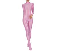 inlzdz Damen Öl Glänzend Overall Ganzkörperanzug Langarm Einteiler Body Jumpsuit Catsuit Elastisch Unterwäsche Sportbody Yoga Fitness Kleidung Rosa 3XL