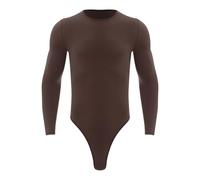 inlzdz Herren Bodysuit Langarm Shirt Stringbody Rundhals Unterhemd Einteiler Body Overalls Unterwäsche Slim Fit Männerbody Sport Training Braun L