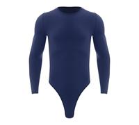 inlzdz Herren Bodysuit Langarm Shirt Stringbody Rundhals Unterhemd Einteiler Body Overalls Unterwäsche Slim Fit Männerbody Sport Training Dunkelblau L