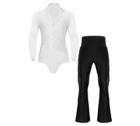 inlzdz Herren Tanzbody Tanzhemd Langarm Hemdbody Glitzer mit Schlaghose Tanzhose Männer Latein Tango Standard Dance Outfit Weiß&Schwarz L