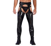 inlzdz Herren Wetlook Hose Leggings Offen Hintern Skinny Pants Lederhose Männer Slim Fit Hose Strumpfhose Party Clubwear Schwarz L