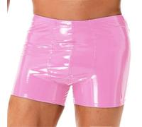 inlzdz Herren Wetlook Shorts Lackleder Hotpants Kurze Leggings Boxer Briefs Ledershorts PU Leder Boxershorts Kurze Hose Bermudashorts Fitness Shorts Hot Rosa XL