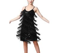 inlzdz Pailletten Fransenkleid Damen Tanzkleid Samba Tango Latein Kleider mit Quaste Spaghettiträger Fransen Kleid Sexy Sommerkleid Wickelkleid Minikleid Kostüm Schwarz L