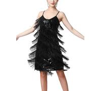 inlzdz Pailletten Fransenkleid Damen Tanzkleid Samba Tango Latein Kleider mit Quaste Spaghettiträger Fransen Kleid Sommerkleid Wickelkleid Minikleid Kostüm Schwarz XL