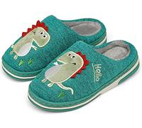 INMINPIN Kinder Winter Baumwolle Pantoffeln Wärme Weiche Plüsch Hausschuhe Kuschelige Slipper mit Cartoon Dinosaurier für Mädchen Jungen,Dunkel Grün,33/34 EU = Etikettengröße 35/36