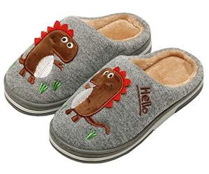 INMINPIN Kinder Winter Baumwolle Pantoffeln Wärme Weiche Plüsch Hausschuhe Kuschelige Slipper mit Cartoon Dinosaurier für Mädchen Jungen,Grau,37/38 EU = Etikettengröße 38/39