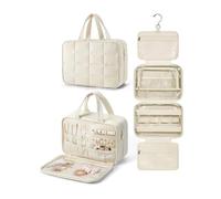 INMORVEN Kosmetiktasche zum Aufhängen - Kulturbeutel Damen Reise mit Schmuckfach, großes Fassungsvermögen, puffiges Design & 360° Haken (Weiß, M)