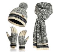 INSISMY Mütze Schal Handschuh Set Winter Weich Warm Pelzgefütterte Bommelmütze Langer Schal und Touchscreen Handschuhe Set 3-teiliges Retro Schneeflockenmuster Gestrickte Damen Unisex