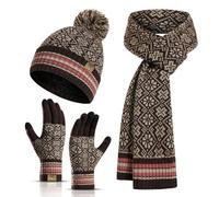 INSISMY Mütze Schal Handschuh Set Winter Weich Warm Pelzgefütterte Bommelmütze Langer Schal und Touchscreen Handschuhe Set 3-teiliges Retro Schneeflockenmuster Gestrickte Damen Unisex