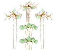 inSowni 5 Stück Vintage Retro Traditionelle asiatische chinesische Hanfu Perle Grün Jade Blume Haar Seitenkämme Slides Metall Haarnadeln Sticks Essstäbchen Dutt Hochsteckfrisuren Halter Haarschmuck