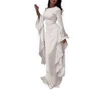 INTERTIANBA Lange Muslimische Frauenkleider Dubai Maxikleid mit Rundhalsausschnitt Hochzeit Party Kaftan Abayas(White,S)