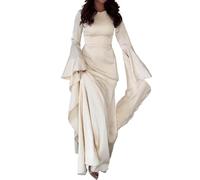 INTERTIANBA Lange Muslimische Frauenkleider Dubai Maxikleid mit Rundhalsausschnitt Hochzeit Party Kaftan Abayas(Beige,M)