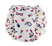 INTIRILIFE Kosmetiktasche in Creme Girly Motiv - 62 x 54 cm - Runder One Step Kulturbeutel mit Kordelzug zum Zusammenziehen mit 2 inneren Reißverschlussfächern zur Aufbewahrung von Make-Up etc.