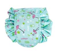 Intirilife Kosmetiktasche in GRÜN ROSA FLAMINGO - Runder One Step Kulturbeutel mit Kordelzug zum Zusammenziehen mit 2 inneren Reißverschlussfächern ideal zum Reisen - Zur Aufbewahrung von Make-Up etc.