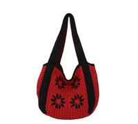 Introti Süße Blumen-Strick-Sommer-Hobo-Tasche, ästhetische Schultertasche, Urlaub, Boho-Tragetasche für Damen, Einkaufen, Strand, Reisen, den täglichen Gebrauch, Schwarz , 280*260*190mm