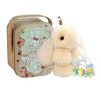 Introti Weicher Plüsch-Hasen-Schlüsselanhänger mit Blechdose & Best Wishes Karte Bunny Doll Anhänger Schlüsselanhänger für Taschen & Rucksäcke Hasen-Charm Ostergeschenk, beige, 10.5*8*6.3cm