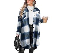 IN'VOLAND Damen Flanellhemd, Übergröße, kariert, langärmelig, Lounge-Revers, Boyfriend-Stil, Knopfleiste, Schottenkaro, lange Jacke, Schwarz-Blau_02, 52 Plus
