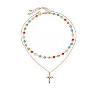 IOETSEUT Damen Halskette Schwester Halskette 2 Teile/Set Goth Kristall Kreuz Anhänger Halskette für Männer Klassische Bunte Perlenkette Männliche Mode Halsschmuck Geschenk Mädchen Geschenke