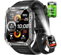 IOWODO Militär Smartwatch Herren,100 Tage Akku, LED Taschenlampe, Bluetooth-Anrufe, Fitness-Tracker,100+ Sportmodi, Herzfrequenz-&SPO₂-Monitor, IP68 Wasserdicht, Schlafüberwachung